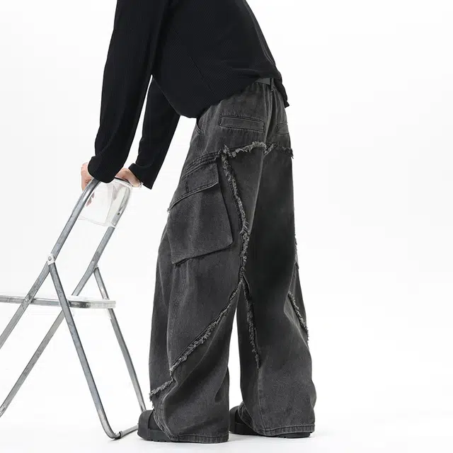 艾梵斯贝 美式复古潮流做旧重工毛边弯刀小众设计款无性别日常通勤百搭宽松休闲时尚高级感个性街头牛仔裤 男女同款