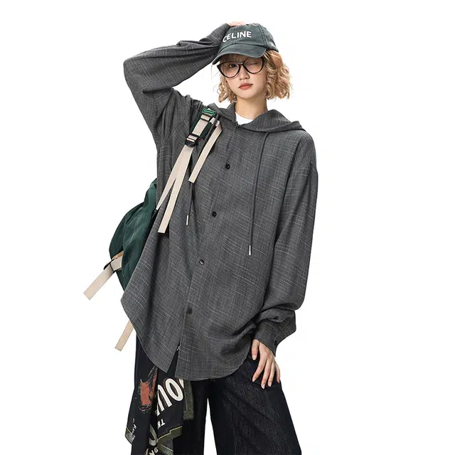 艾梵斯贝 美式复古潮流纯色连帽抽绳法式慵懒风日常通勤百搭高级感显瘦宽松休闲简约松弛感长袖开衫衬衫 男女同款