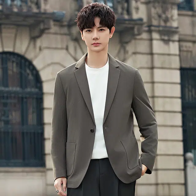 艾梵斯贝 高品质简约设计款纯色单排扣英伦韩风高级感轻奢商务正装职场通勤休闲极简礼服西装 男款