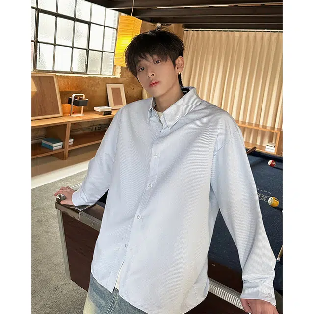 艾梵斯贝 高端轻奢条纹简约韩版轻熟可拆卸领带高级感休闲商务日常通勤百搭气质高品质职场约会绅士学院风长袖衬衫 男款