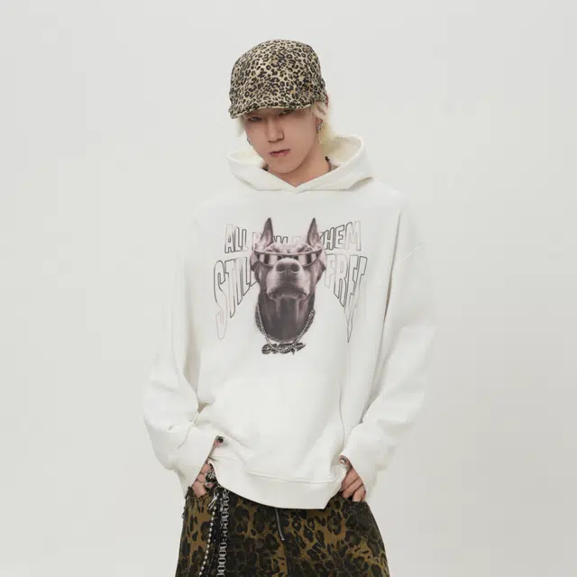 艾梵斯贝 美式复古潮流小众水洗卡通小狗印花设计款个性街头潮酷日常通勤百搭宽松休闲时尚高街风情侣款连帽卫衣 男女同款