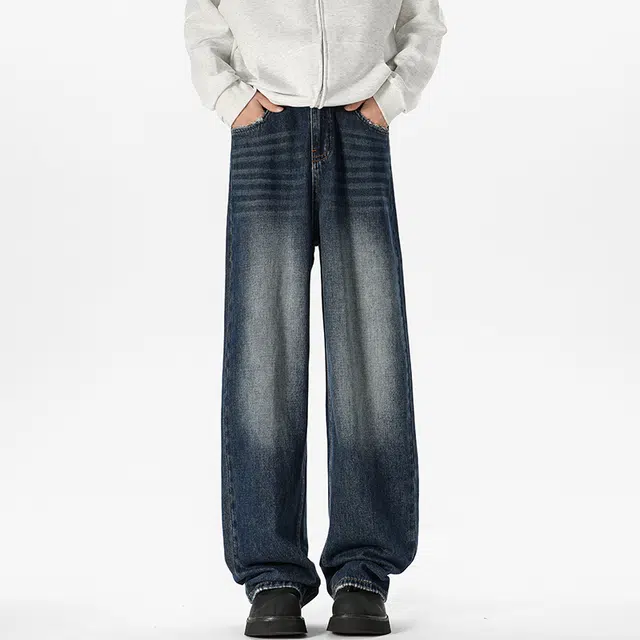 艾梵斯贝 美式复古潮流经典做旧水洗简约设计垂感拖地无性别主义高街风日常通勤百搭宽松直筒休闲牛仔裤 男女同款
