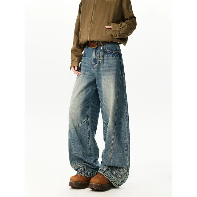 艾梵斯贝 美式复古潮流做旧水洗解构拼接弯刀裤小众设计感无性别潮酷时尚街头日常通勤百搭高街风个性休闲牛仔裤 男女同款