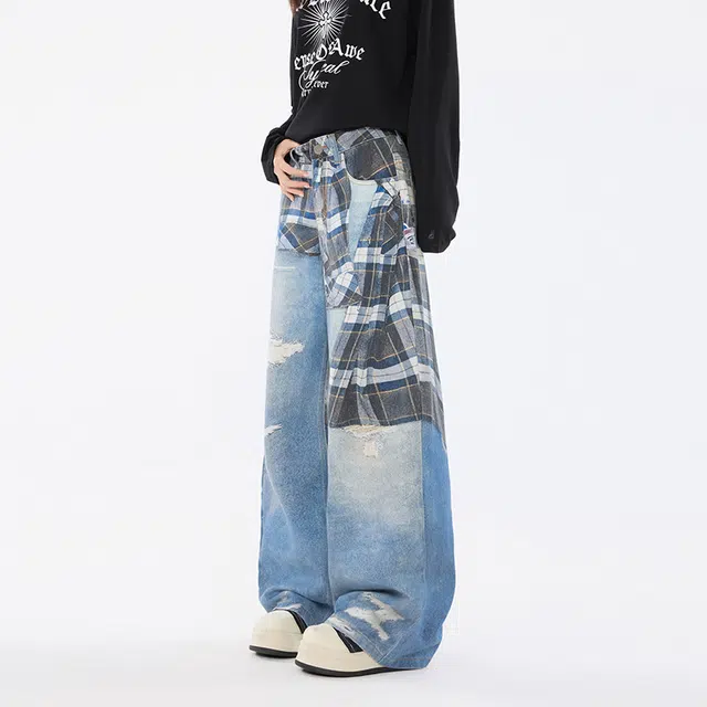 艾梵斯贝 美式复古潮流格纹拼接印花小众设计款高级感个性街头日常通勤百搭款宽松休闲时尚高街风潮酷直筒牛仔裤 男女同款