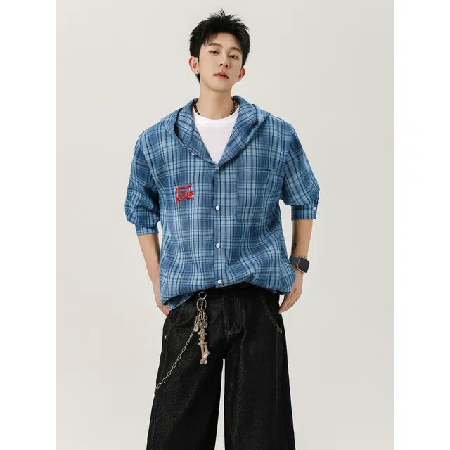 艾梵斯贝 美式复古潮流格纹撞色连帽开衫高级感简约设计款无性别主义法式慵懒风日常通勤百搭宽松休闲长袖衬衫 男女同款