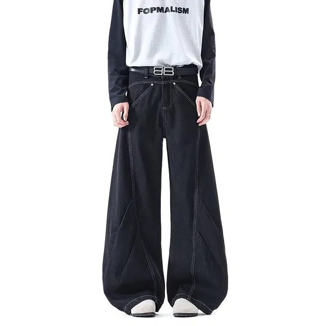 艾梵斯贝 美式复古潮流拼接解构小众设计款无性别高级感日常通勤百搭个性街舞嘻哈街头高街风休闲时尚弯刀直筒加长牛仔裤 男女同款