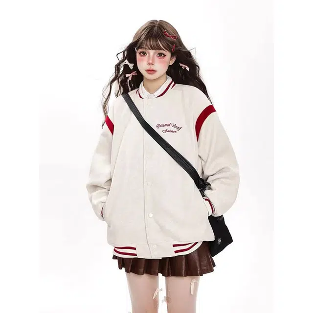 艾梵斯贝 美式复古潮流棒球领撞色字母工装刺绣经典简约设计款无性别主义高街风日常通勤百搭潮酷宽松休闲情侣夹克 男女同款