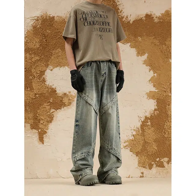 艾梵斯贝 美式复古潮流拼接解构小众设计感无性别日常通勤百搭街舞休闲时尚嘻哈街头高街风个性潮酷拖地直筒牛仔裤 男女同款