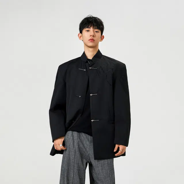 艾梵斯贝 新中式简约小众设计款荆棘立体刺绣高级感轻奢宽松休闲商务气质日常百搭个性街头潮流立领中山装西装 男款