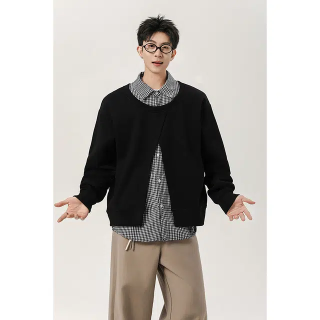 艾梵斯贝 美式复古潮流假两件拼接小众设计款层次感无性别日常通勤百搭宽松休闲时尚高级感潮酷个性街头文艺风情侣款卫衣 男女同款