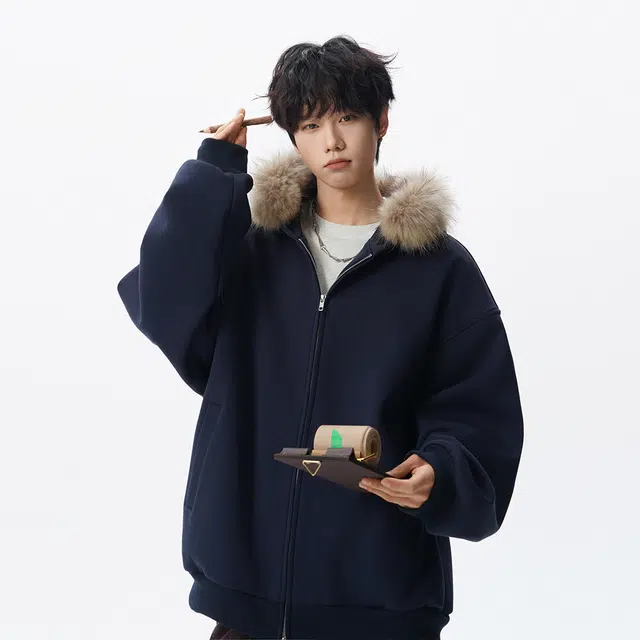 艾梵斯贝 美式复古潮流重磅简约设计连帽拉链开衫毛领学院风时尚宽松休闲日常通勤百搭高街潮酷慵懒风座山雕高级感卫衣 男女同款