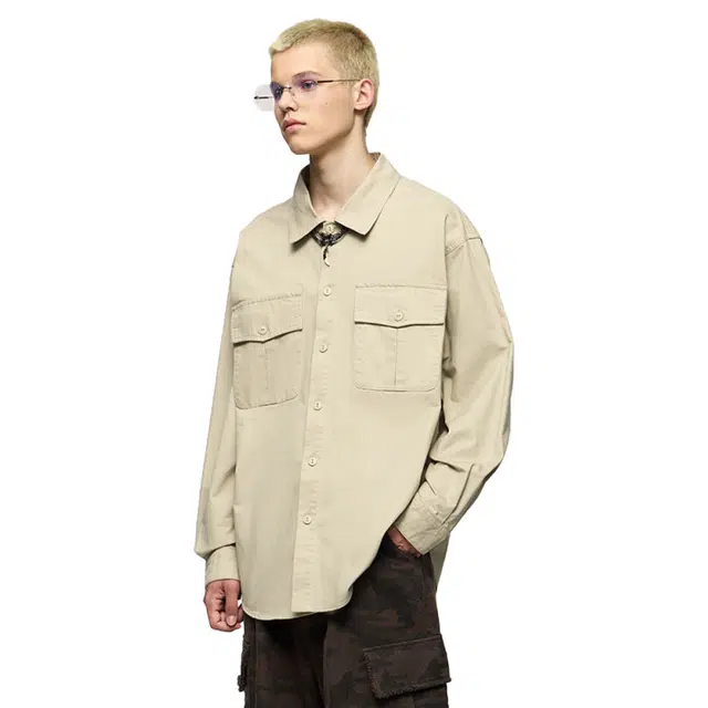 艾梵斯贝 美式复古潮流纯棉简约工装设计款日常通勤百搭高级感户外休闲商务时尚质感翻领长袖衬衣衬衫 男款