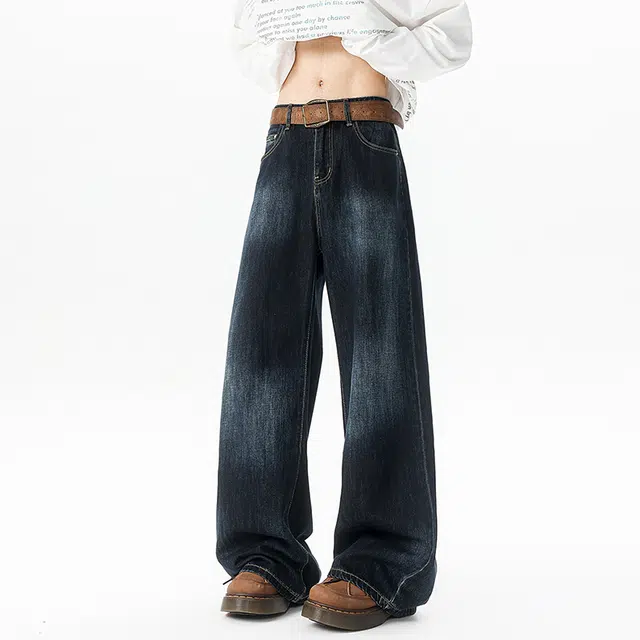 艾梵斯贝 美式复古潮流做旧水洗简约设计感无性别主义高街风日常通勤百搭宽松舒适休闲直筒牛仔裤 男女同款