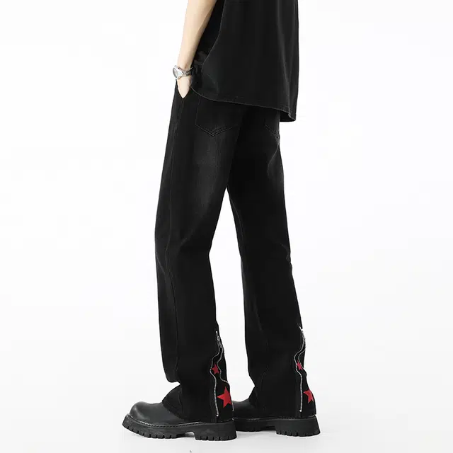 艾梵斯贝 美式复古潮流做旧水洗设计感拉链无性别高级感日常通勤百搭高街风个性时尚休闲宽松微喇牛仔裤 男女同款