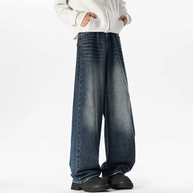 艾梵斯贝 美式复古潮流经典做旧水洗简约设计垂感拖地无性别主义高街风日常通勤百搭宽松直筒休闲牛仔裤 男女同款