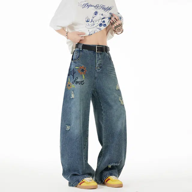 艾梵斯贝 美式复古潮流做旧水洗竹节花卉刺绣破洞弯刀裤简约设计感无性别主义潮酷高街风日常通勤百搭街舞休闲牛仔裤 男女同款