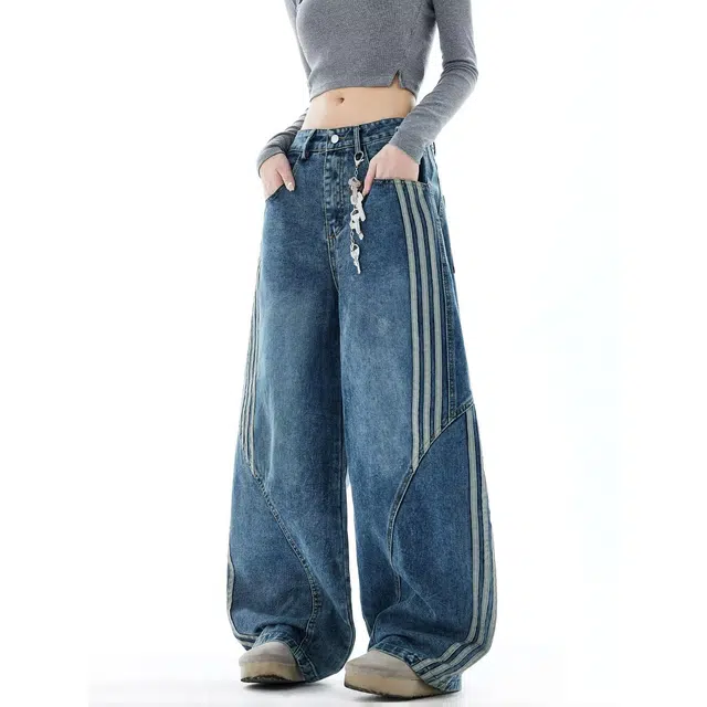 艾梵斯贝 美式复古潮流条纹拼接水洗解构弯刀裤小众设计款无性别主义潮酷街舞高级感高街风宽松休闲牛仔裤 男女同款