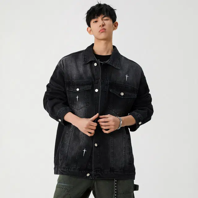 艾梵斯贝 美式复古潮流芒星刺绣简约设计款高级感日常通勤百搭高级风宽松休闲时尚个性街头潮酷翻领夹克外套 男款