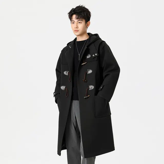 艾梵斯贝 品质轻奢高级感牛角扣长款过膝连帽宽松休闲商务简约时尚百搭气质无性别情侣毛呢大衣 男女同款