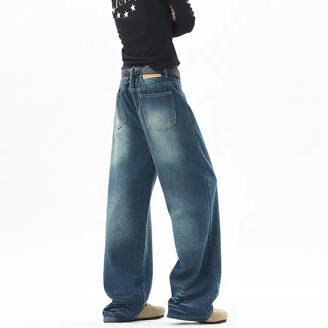 艾梵斯贝 美式复古潮流做旧水洗小众设计感无性别高级感日常通勤个性街舞潮酷高街风时尚街头宽松休闲微喇牛仔裤 男女同款