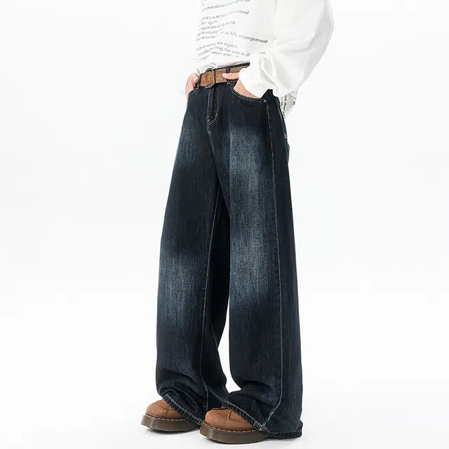 艾梵斯贝 美式复古潮流做旧水洗简约设计感无性别主义高街风日常通勤百搭宽松舒适休闲直筒牛仔裤 男女同款