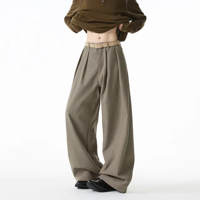 艾梵斯贝 美式复古潮流千鸟格简约设计款无性别主义日常通勤百搭高级感时尚高街法式慵懒风垂感阔腿西裤休闲裤 男女同款