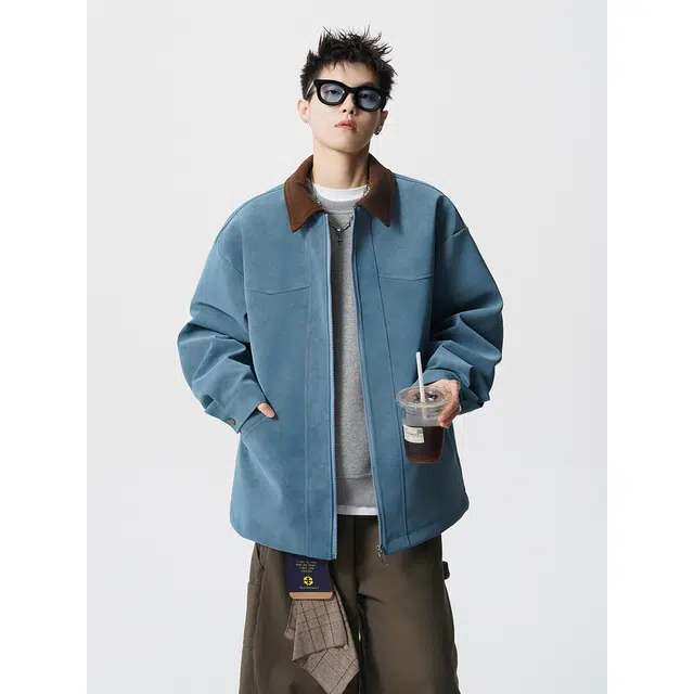 艾梵斯贝 美式复古潮流巴恩风撞色翻领拼接皮衣简约设计款无性别日常通勤百搭宽松休闲舒适高级感高级风个性街头夹克 男女同款