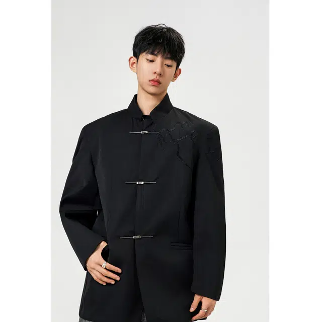 艾梵斯贝 新中式简约小众设计款荆棘立体刺绣高级感轻奢宽松休闲商务气质日常百搭个性街头潮流立领中山装西装 男款