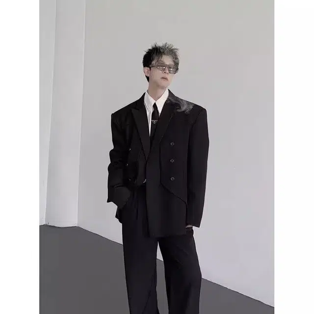 艾梵斯贝 美式复古潮流轻奢设计感小众解构拼接双排扣垫肩宽肩窄腰韩版时尚修身休闲商务男模高级感百搭西装 男款