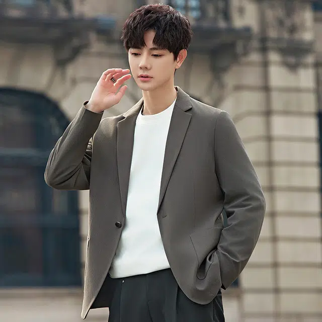 艾梵斯贝 高品质简约设计款纯色单排扣英伦韩风高级感轻奢商务正装职场通勤休闲极简礼服西装 男款