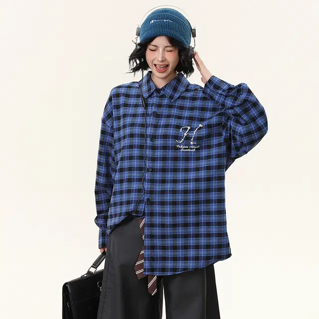 艾梵斯贝 美式复古潮流珍珠挂饰钉珠小众设计感无性别主义高级感潮酷街头高街风时尚简约百搭日常宽松休闲格子衬衫 男女同款