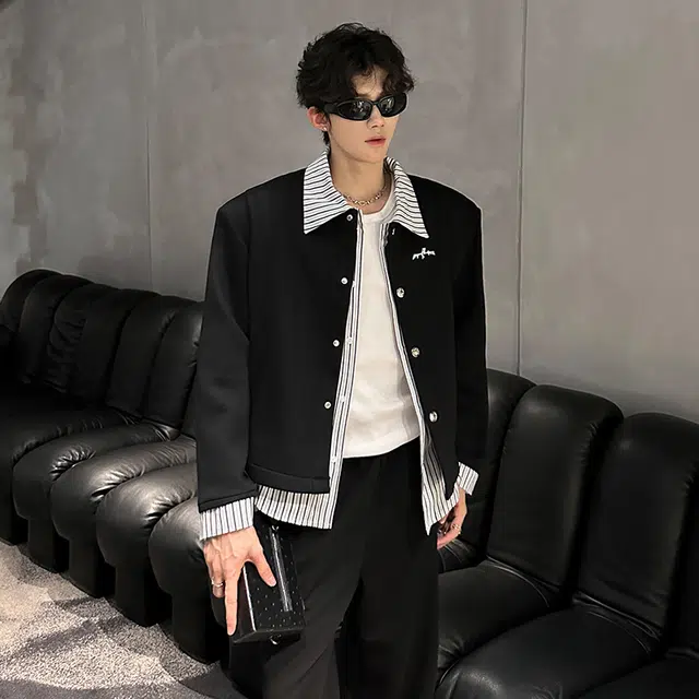 艾梵斯贝 美式复古潮流垫肩假两件条纹金属扣小众设计款无性别日常通勤百搭宽松休闲时尚高级感潮酷个性街头高街风夹克 男款