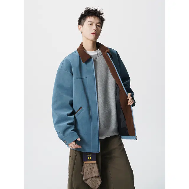 艾梵斯贝 美式复古潮流巴恩风撞色翻领拼接皮衣简约设计款无性别日常通勤百搭宽松休闲舒适高级感高级风个性街头夹克 男女同款