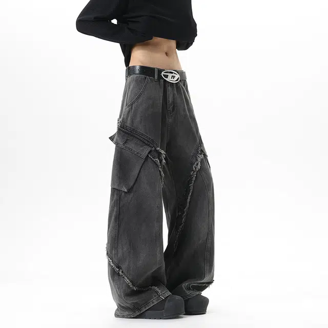 艾梵斯贝 美式复古潮流做旧重工毛边弯刀小众设计款无性别日常通勤百搭宽松休闲时尚高级感个性街头牛仔裤 男女同款