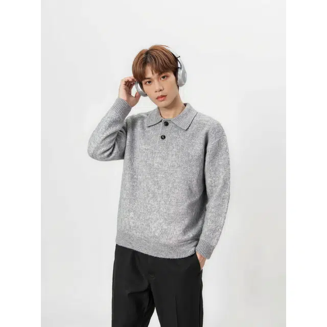 艾梵斯贝 美式复古英伦风简约设计感老钱风翻领宽松休闲商务针织高级感气质青年日常通勤百搭慵懒风毛衣 男款