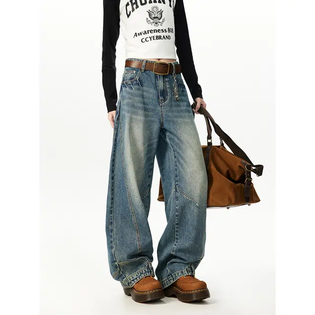 艾梵斯贝 美式复古潮流做旧水洗解构拼接弯刀裤小众设计感无性别潮酷时尚街头日常通勤百搭高街风个性休闲牛仔裤 男女同款