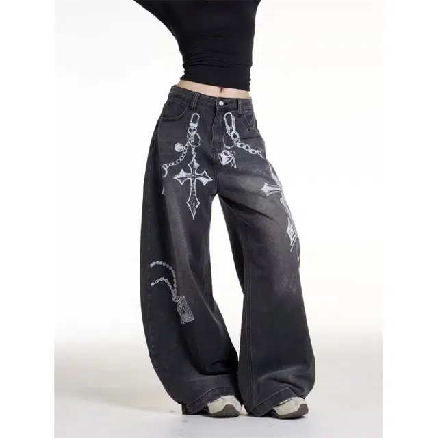 艾梵斯贝 美式复古潮流水洗链条印花小众设计款无性别日常通勤百搭宽松个性时尚高级感高街风垂感休闲牛仔裤 男女同款