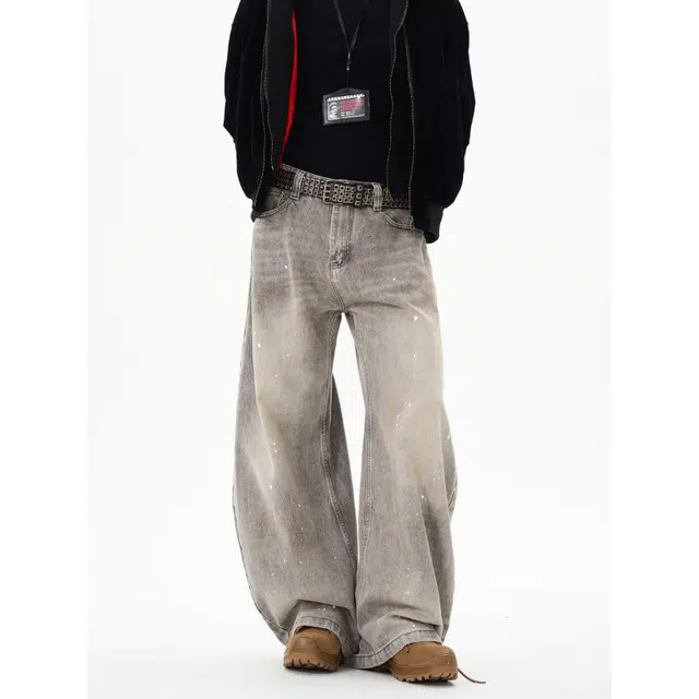 艾梵斯贝 美式复古潮流水洗灰做旧小众设计款无性别日常通勤百搭高级感宽松休闲高街风潮酷个性街头街舞弯刀牛仔裤 男女同款