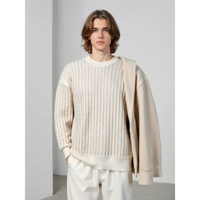 艾梵斯贝 高端轻奢复古潮流竖条纹简约风日常通勤百搭宽松休闲时尚商务高级感法式慵懒风学院内搭圆领毛衣 男款