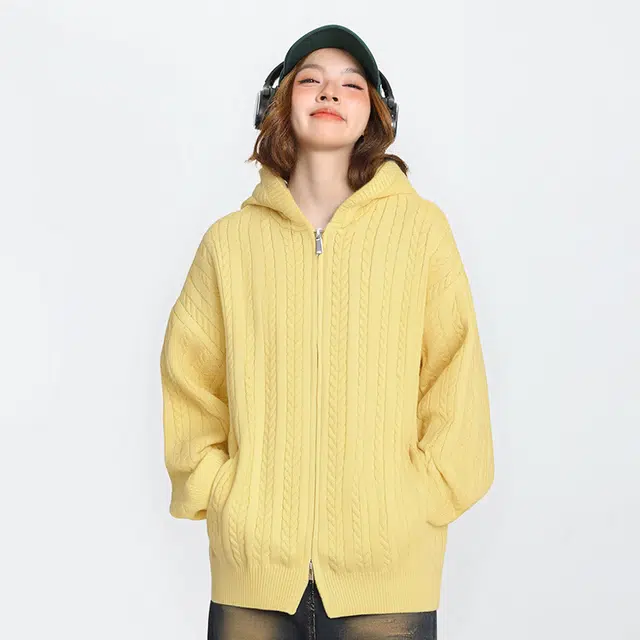 艾梵斯贝 美式复古潮流纯色连帽针织衫简约设计无性别高级感日常通勤百搭宽松休闲时尚法式慵懒风学月份开衫卫衣 男女同款