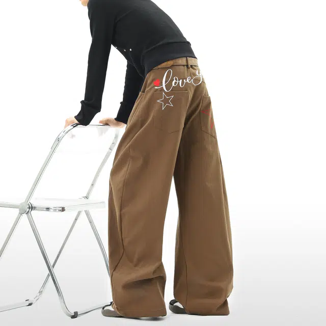 艾梵斯贝 美式复古潮流水洗星星字母刺绣小众设计款无性别日常通勤百搭个性街舞时尚街头高街风宽松休闲弯刀工装牛仔裤 男女同款