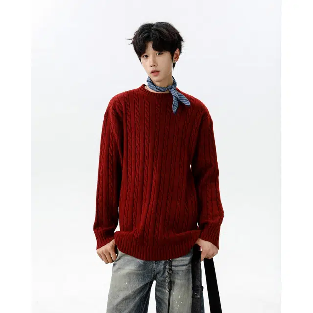 艾梵斯贝 美式复古潮流麻花纹慵懒风圆领打底衫线衣潮酷日常通勤百搭宽松休闲时尚高级感高街风情侣款针织衫 男女同款