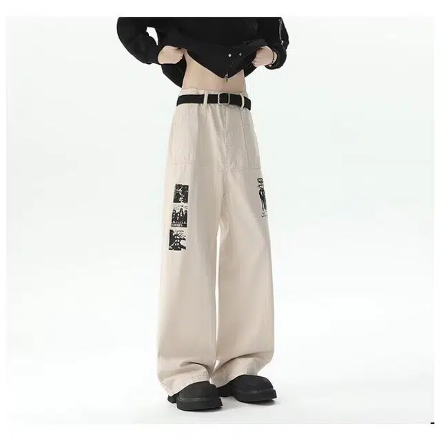 艾梵斯贝 美式复古潮流漫画印花韩版无性别日常通勤百搭潮酷时尚街头高街风个性宽松休闲直筒牛仔裤 男女同款