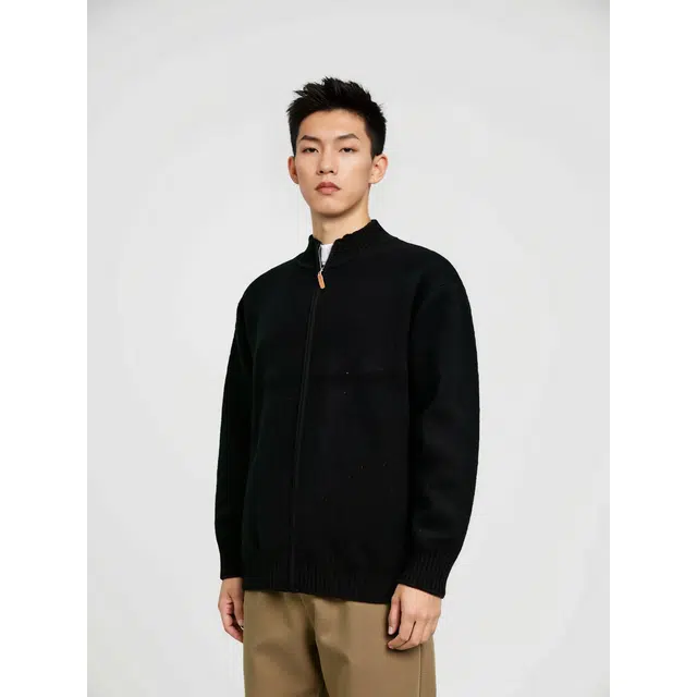 艾梵斯贝 立领高端轻奢美式复古潮流纯色青年学院风日常通勤百搭宽松休闲时尚商务高级感法式慵懒风简约气质拉链开衫毛衣 男款