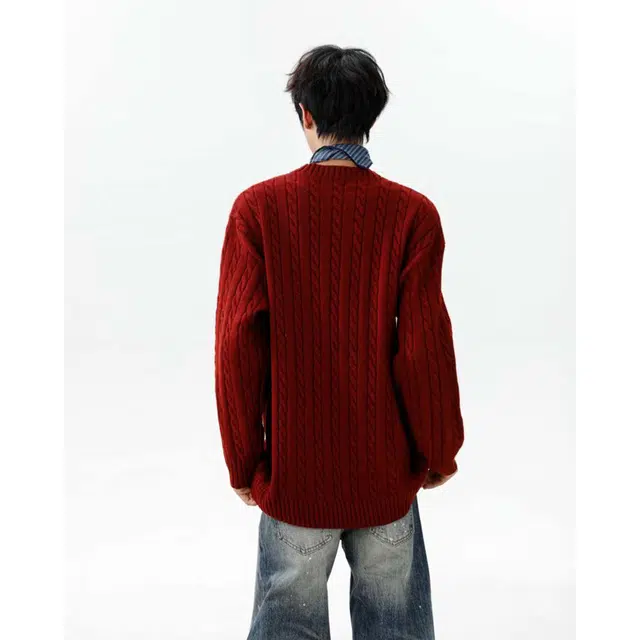 艾梵斯贝 美式复古潮流麻花纹慵懒风圆领打底衫线衣潮酷日常通勤百搭宽松休闲时尚高级感高街风情侣款针织衫 男女同款