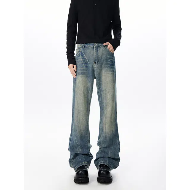 艾梵斯贝 美式复古潮流闪电纹扎花做旧水洗潮酷高级感无性别主义日常通勤百搭高街风宽松微喇显瘦休闲牛仔裤 男女同款