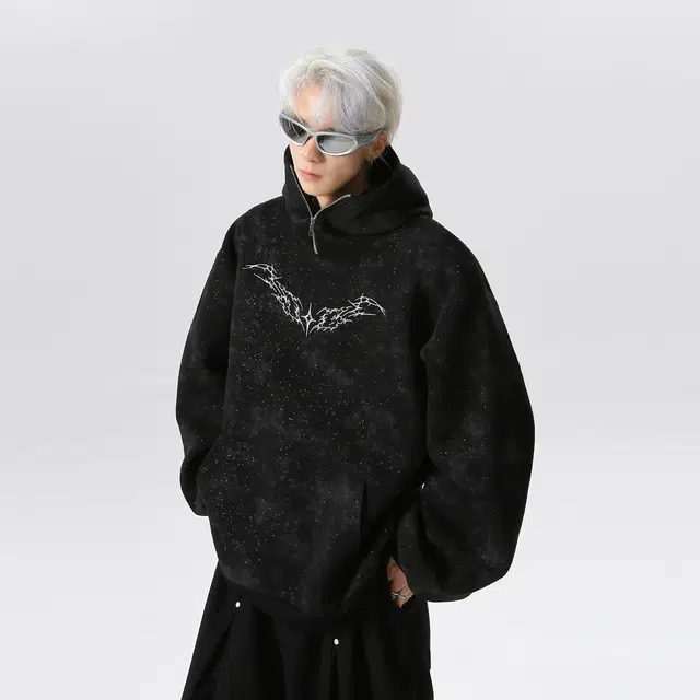 艾梵斯贝 美式复古潮流满天星扎染重磅小众设计款无性别潮酷暗黑风日常休闲百搭高级感高街风硬挺连帽套头卫衣 男女同款
