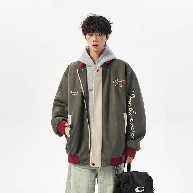 艾梵斯贝 美式复古潮流字母绣花拼接立领棒球服潮酷无性别日常通勤百搭高级感宽松休闲时尚高街风情侣款夹克 男女同款