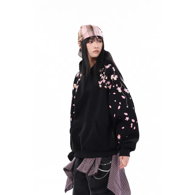 艾梵斯贝 美式复古潮流花色藤蔓刺绣重工高级感小众设计款无性别日常通勤百搭宽松休闲时尚氛围感街头情侣款连帽卫衣 男女同款