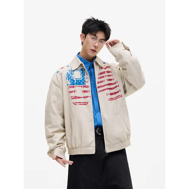 艾梵斯贝 美式复古潮流字母旗帜印花小众设计款无性别日常通勤百搭宽松休闲时尚高级感潮酷个性街头高街风翻领夹克 男女同款